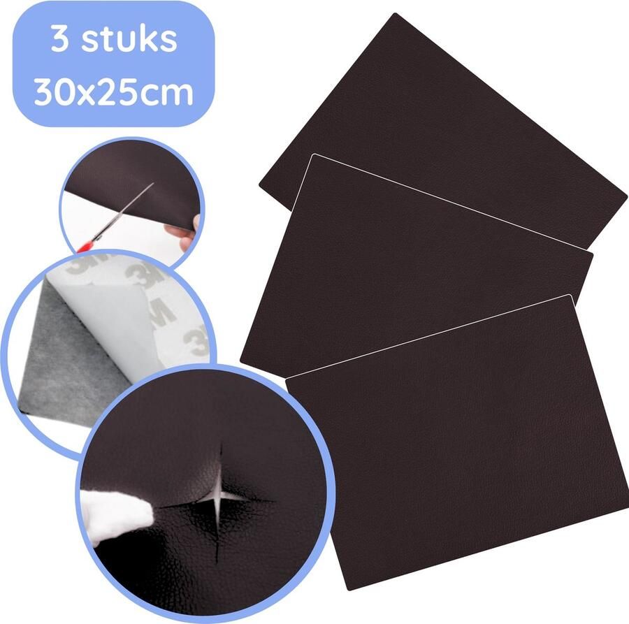 Hilvard Leer reparatie set Meubel reparatie set Zelfklevend nepleer Meubelfolie Donkerbruin Set van 3 stuks 30x25cm