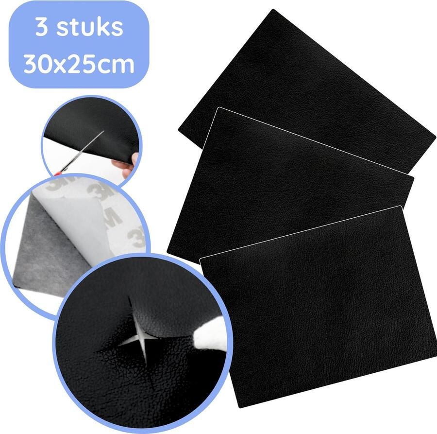 Hilvard Leer reparatie set Meubel reparatie set Zelfklevend nepleer Meubelfolie Zwart Set van 3 stuks 30x25cm