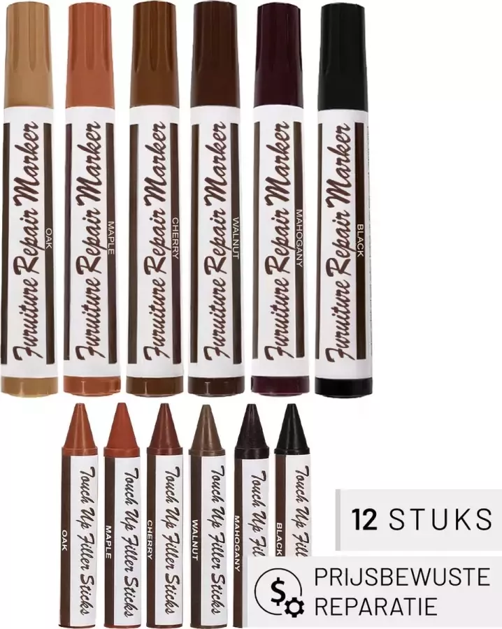 Hilvard Meubel markers en wax krijtjes 12 stuks Inclusief puntenslijper Meubel reparatie stiften Esdoorn walnoot eiken mahonie kersen en zwart Meubelstift - Foto 2