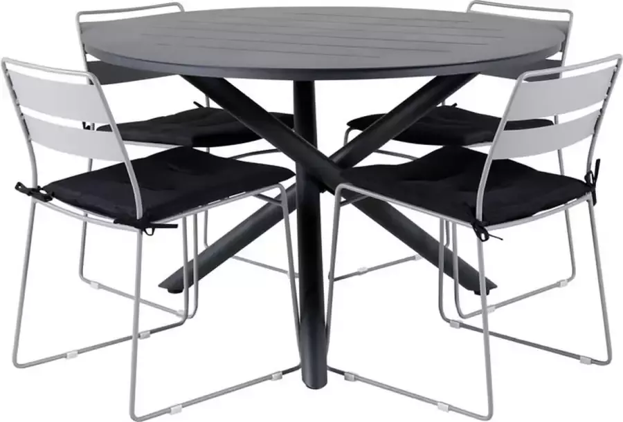 Hioshop Alma tuinmeubelset tafel Ø120cm en 4 stoel Lina grijs zwart