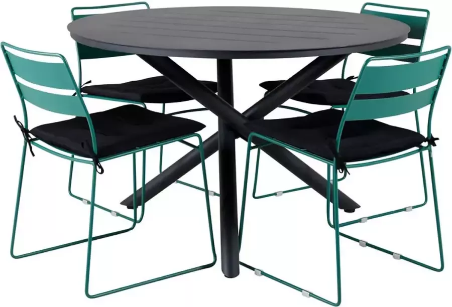Hioshop Alma tuinmeubelset tafel Ø120cm en 4 stoel Lina groen zwart