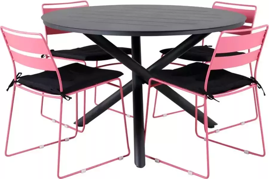 Hioshop Alma tuinmeubelset tafel Ø120cm en 4 stoel Lina roze zwart
