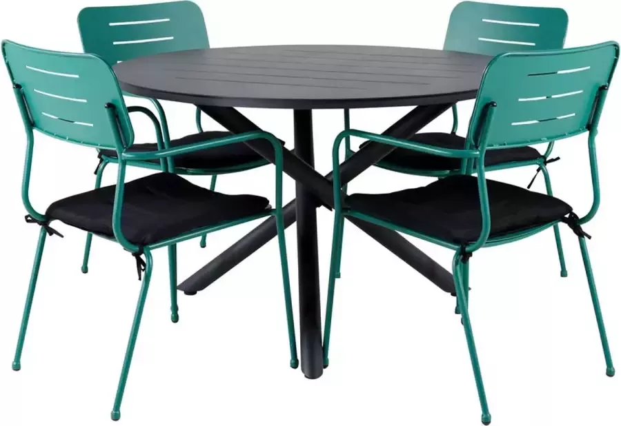 Hioshop Alma tuinmeubelset tafel Ø120cm en 4 stoel Nicke groen zwart