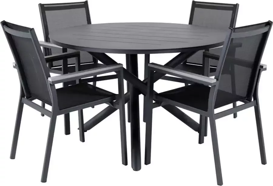 Hioshop Alma tuinmeubelset tafel Ø120cm en 4 stoel Parma zwart.