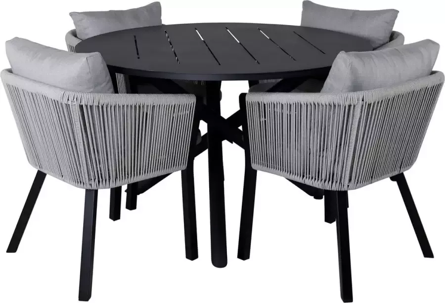 Hioshop Alma tuinmeubelset tafel Ø120cm en 4 stoel Virya wit zwart.
