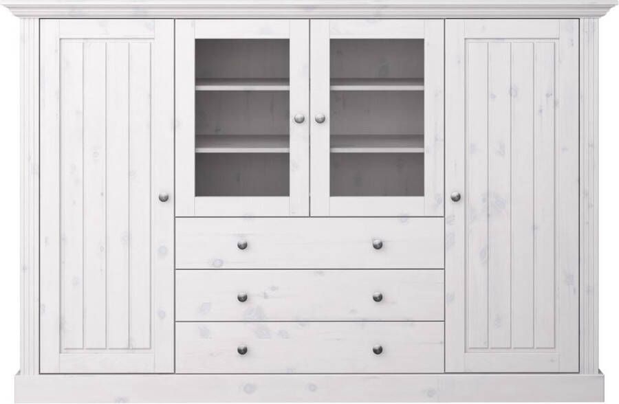 Hioshop Alonso dressoir 2 deuren 2 glazen deuren 3 lades white washed.