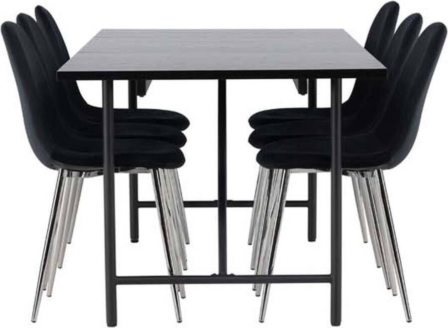Hioshop Astrid eethoek tafel zwart en 6 Polar stoelen zwart.