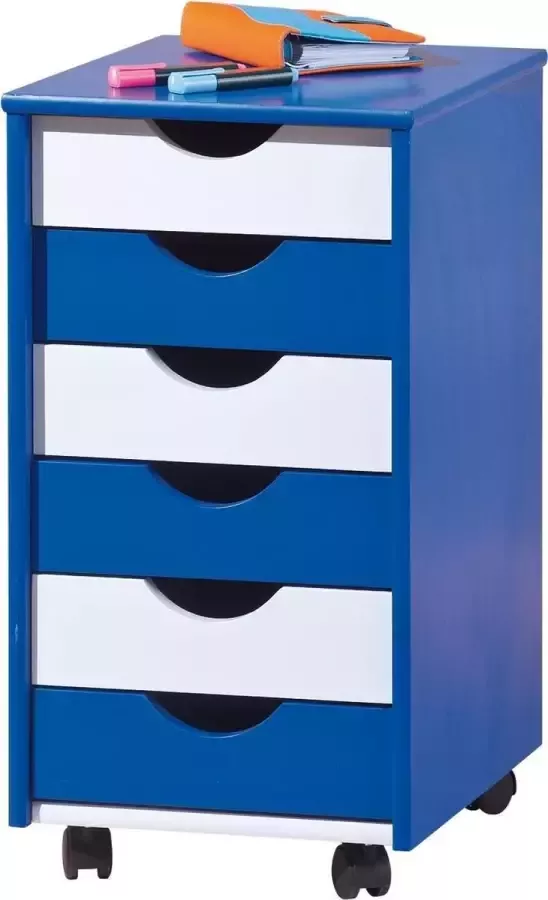 Hioshop Bepe kommode kantoorarchief op wielen 6 lades blauw wit.