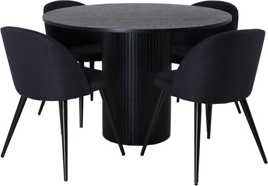 Hioshop Bianca eethoek tafel zwart en 4 Velvet stoelen zwart.