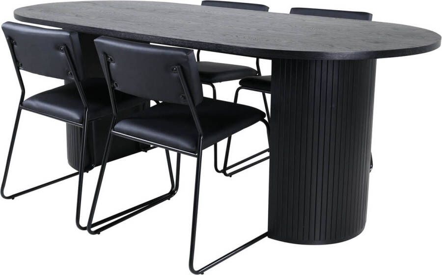 Hioshop BiancaBL eethoek eetkamertafel zwart en 4 Kenth eetkamerstal PU kunstleer zwart.