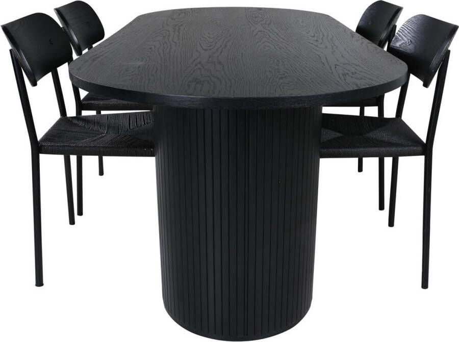 Hioshop BiancaBL eethoek eetkamertafel zwart en 4 Polly eetkamerstal zwart.