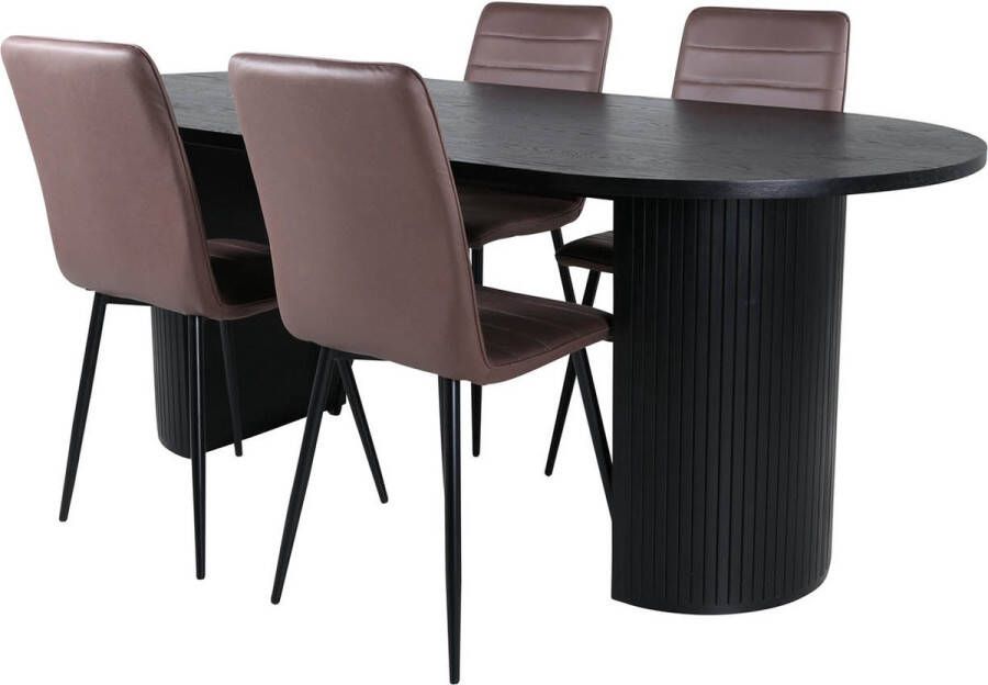 Hioshop BiancaBL eethoek eetkamertafel zwart en 4 Windu Lyx eetkamerstal bruin. - Foto 1