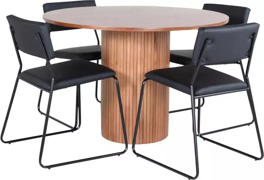 Hioshop BiancaROWA eethoek eetkamertafel eik fineer en 4 Kenth eetkamerstal PU kunstleer zwart.