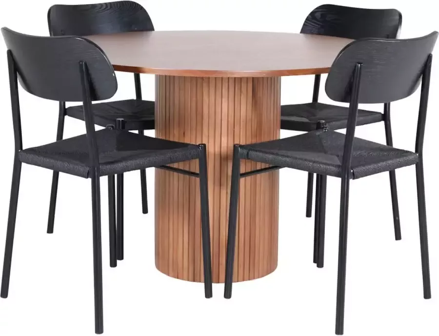 Hioshop BiancaROWA eethoek eetkamertafel eik fineer en 4 Polly eetkamerstal zwart.