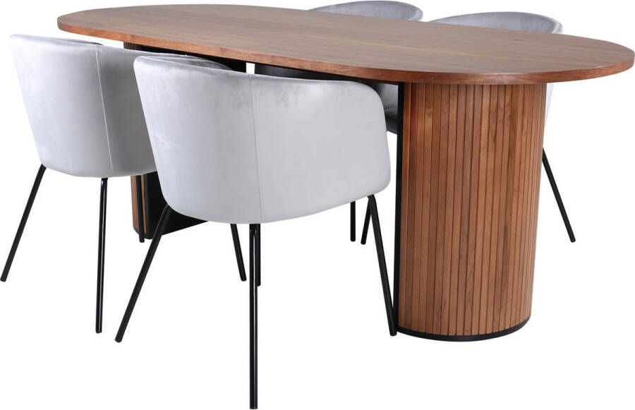 Hioshop BiancaWA eethoek eetkamertafel Okkernoot decor en 4 Berit eetkamerstal velours grijs.