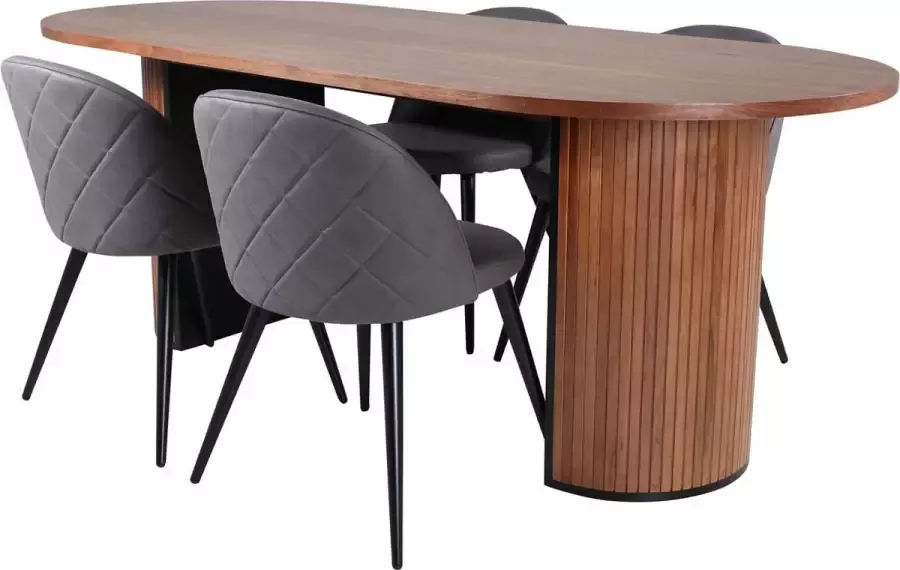 Hioshop BiancaWA eethoek eetkamertafel Okkernoot decor en 4 Velvet Stitches eetkamerstal grijs.