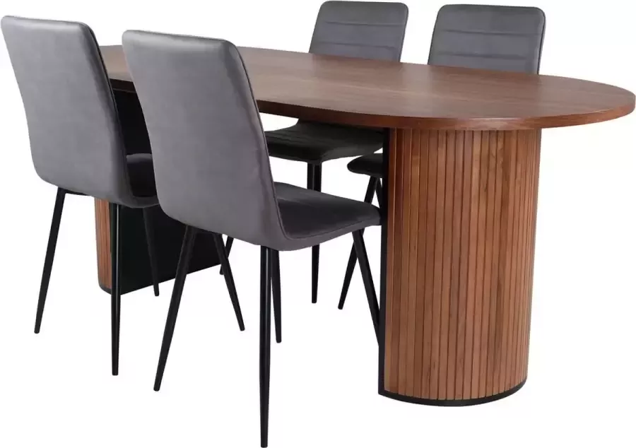 Hioshop BiancaWA eethoek eetkamertafel Okkernoot decor en 4 Windu Lyx eetkamerstal grijs.