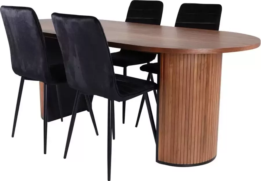 Hioshop BiancaWA eethoek eetkamertafel Okkernoot decor en 4 Windu Lyx eetkamerstal velours zwart.