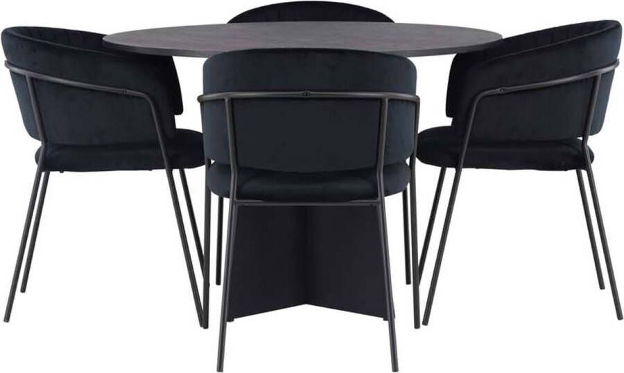 Hioshop Bootcut eethoek tafel zwart en 4 Selma stoelen zwart.