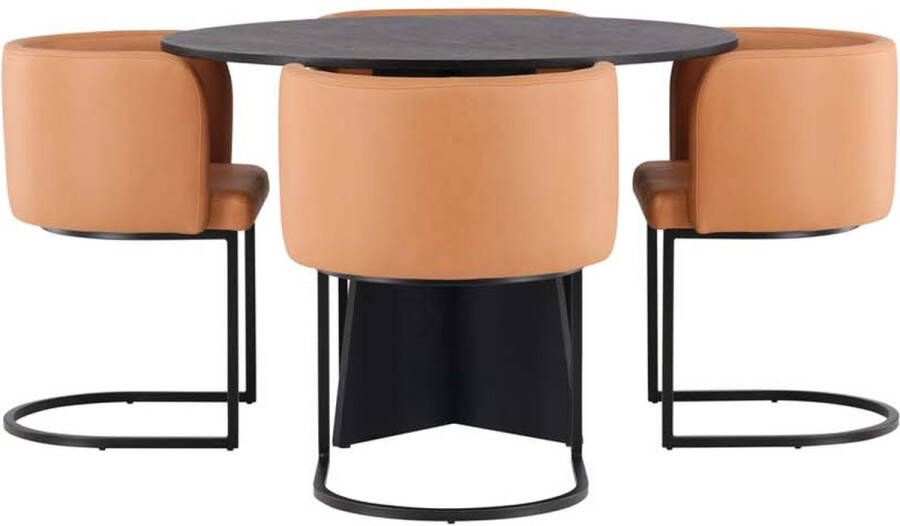 Hioshop Bootcut eethoek tafel zwart en 4 Simrishamn stoelen bruin.