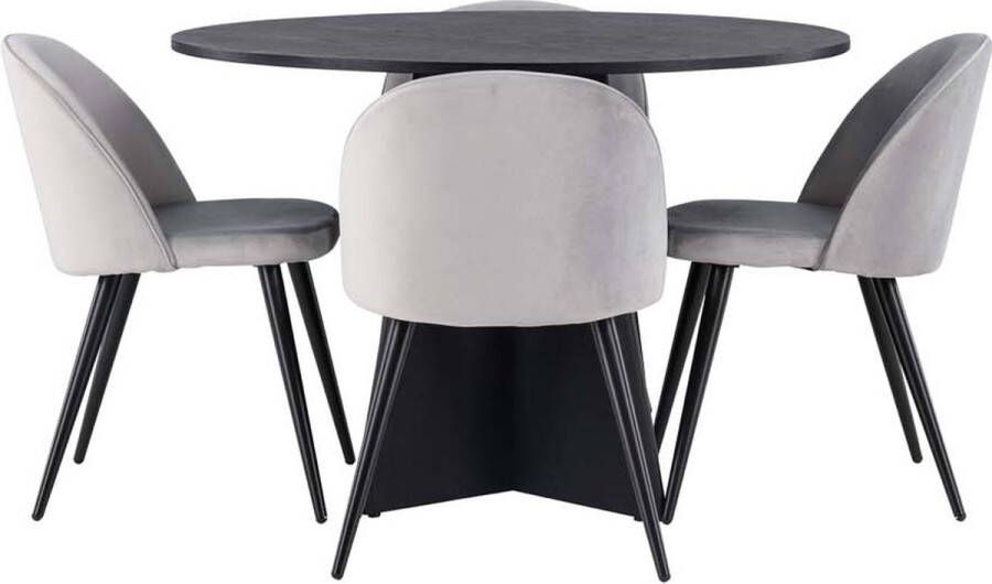 Hioshop Bootcut eethoek tafel zwart en 4 Velvet stoelen grijs. - Foto 1