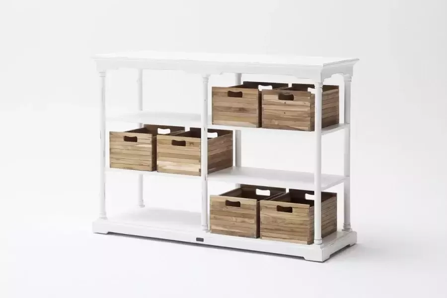 Hioshop Bordeaux kast met 6 teakhouten boxen in antiek wit.