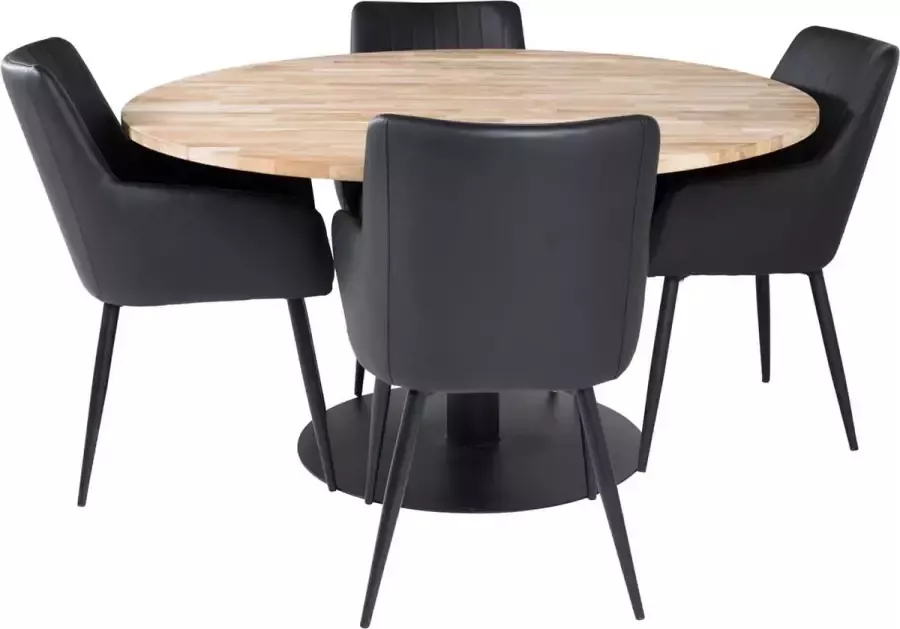 Hioshop Cirebon140 eethoek eetkamertafel teakhout en 4 Comfort eetkamerstal PU kunstleer zwart.