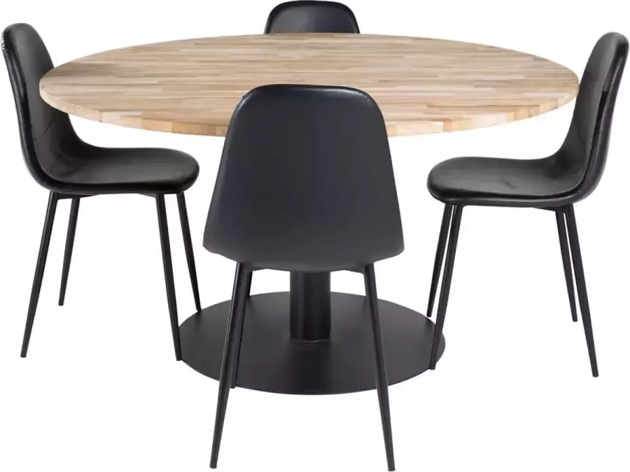 Hioshop Cirebon140 eethoek eetkamertafel teakhout en 4 Polar eetkamerstal PU kunstleer zwart PU kunstleer.