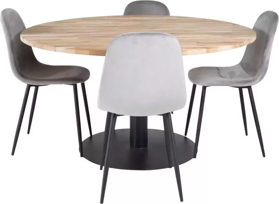 Hioshop Cirebon140 eethoek eetkamertafel teakhout en 4 Polar eetkamerstal velours grijs.