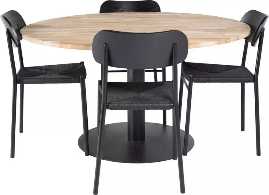 Hioshop Cirebon140 eethoek eetkamertafel teakhout en 4 Polly eetkamerstal zwart.