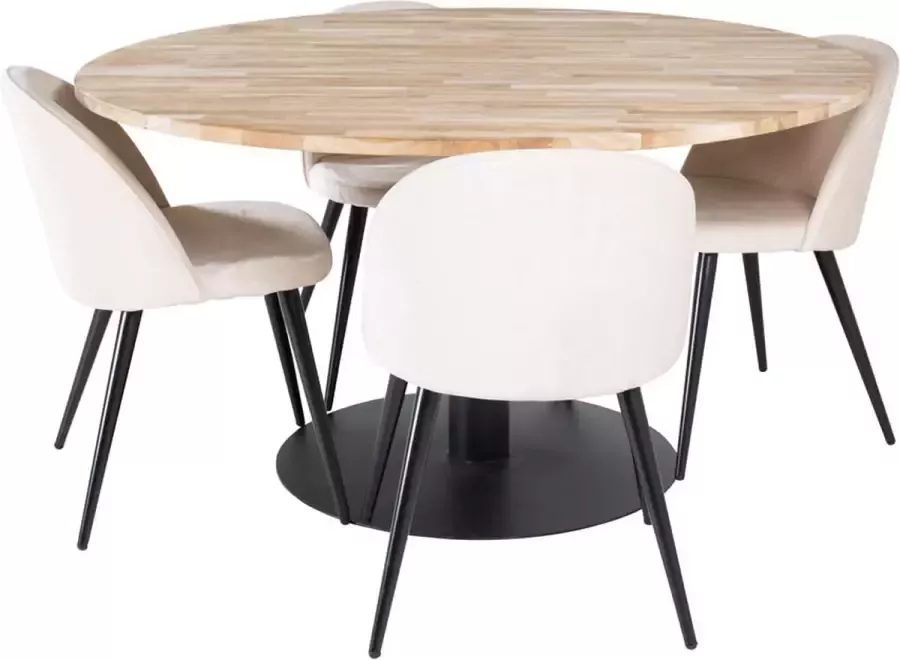Hioshop Cirebon140 eethoek eetkamertafel teakhout en 4 Velvet eetkamerstal velours beige zwart.