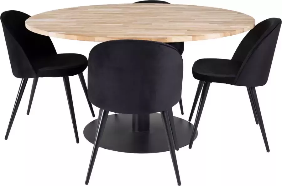 Hioshop Cirebon140 eethoek eetkamertafel teakhout en 4 Velvet eetkamerstal velours zwart.