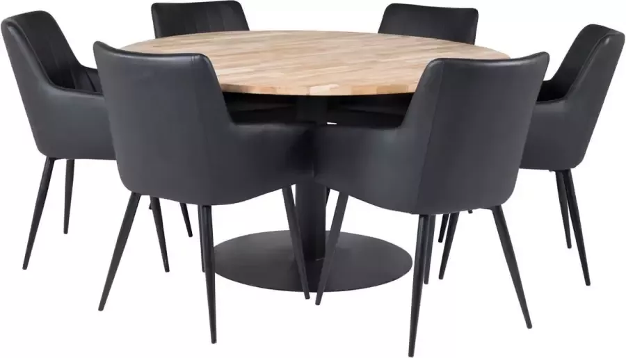 Hioshop Cirebon140 eethoek eetkamertafel teakhout en 6 Comfort eetkamerstal PU kunstleer zwart.