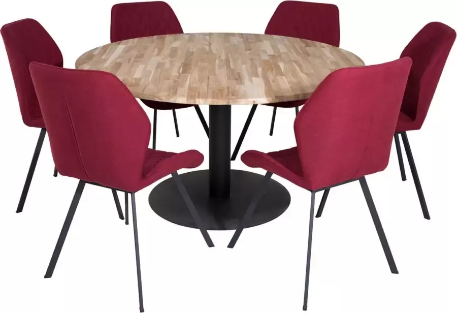 Hioshop Cirebon140 eethoek eetkamertafel teakhout en 6 Gemma eetkamerstal rood.