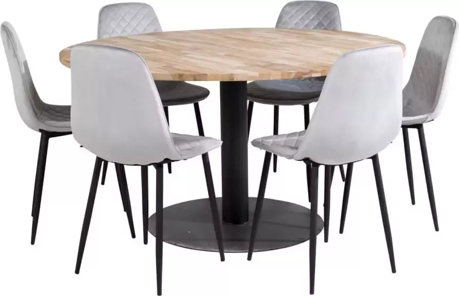 Hioshop Cirebon140 eethoek eetkamertafel teakhout en 6 Polar Diamond eetkamerstal velours grijs.