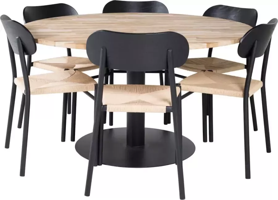 Hioshop Cirebon140 eethoek eetkamertafel teakhout en 6 Polly eetkamerstal natuur zwart.