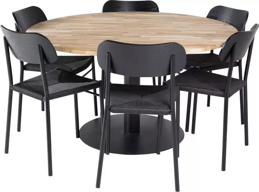 Hioshop Cirebon140 eethoek eetkamertafel teakhout en 6 Polly eetkamerstal zwart.