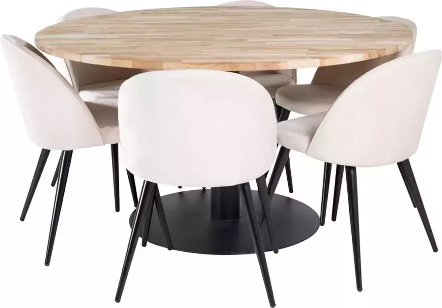 Hioshop Cirebon140 eethoek eetkamertafel teakhout en 6 Velvet eetkamerstal velours beige zwart.