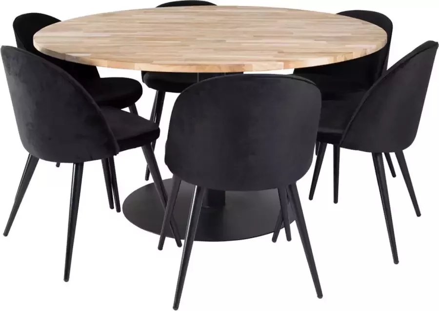Hioshop Cirebon140 eethoek eetkamertafel teakhout en 6 Velvet eetkamerstal velours zwart.