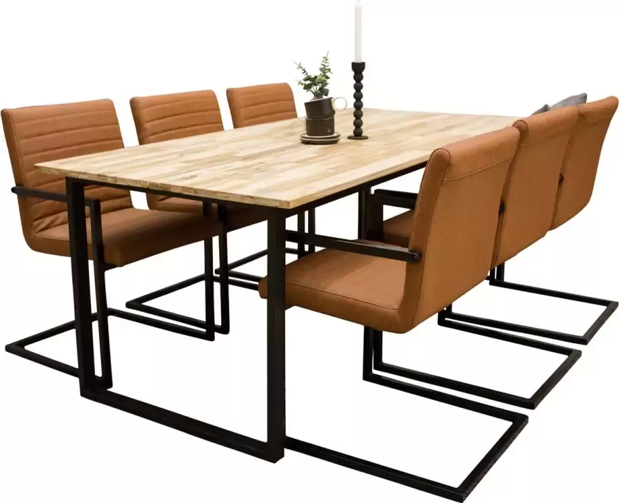 Hioshop CirebonBL eethoek eetkamertafel teakhout en 6 Art eetkamerstal PU kunstleer bruin.