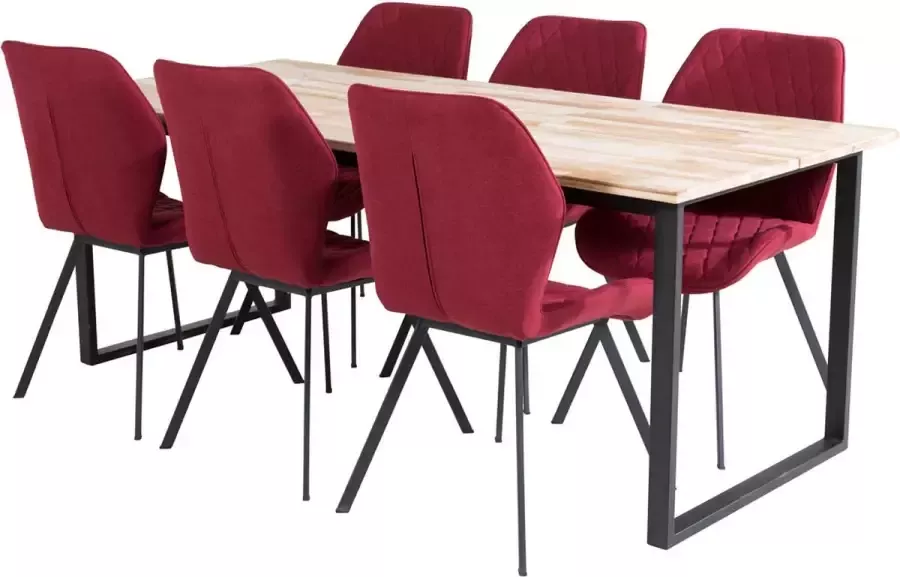 Hioshop CirebonBL eethoek eetkamertafel teakhout en 6 Gemma eetkamerstal rood.