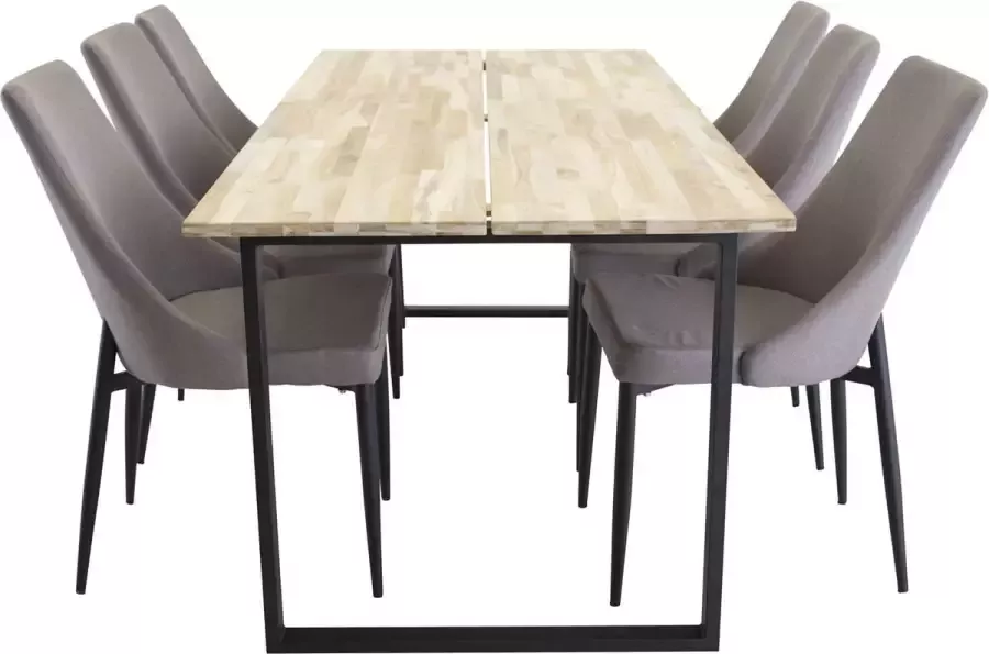 Hioshop CirebonBL eethoek eetkamertafel teakhout en 6 Leone 2.0 eetkamerstal grijs zwart.