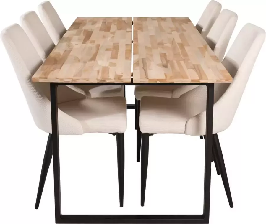 Hioshop CirebonBL eethoek eetkamertafel teakhout en 6 Leone eetkamerstal fluweel wit zwart.