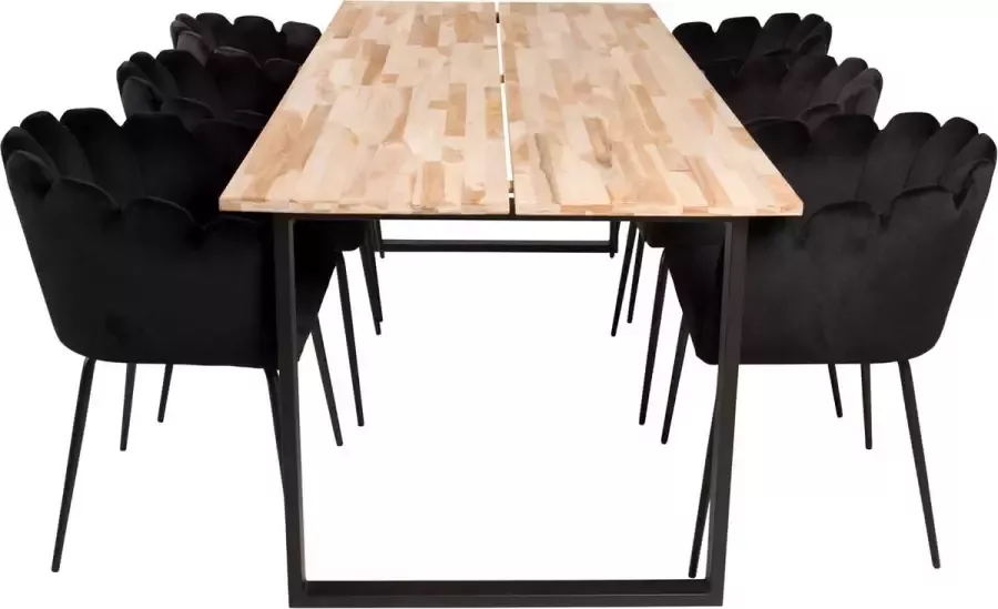 Hioshop CirebonBL eethoek eetkamertafel teakhout en 6 Limhamn eetkamerstal velours zwart.