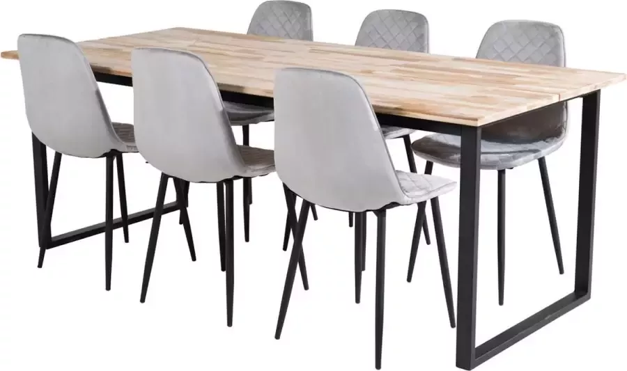 Hioshop CirebonBL eethoek eetkamertafel teakhout en 6 Polar Diamond eetkamerstal velours grijs.