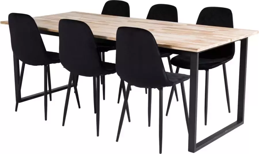 Hioshop CirebonBL eethoek eetkamertafel teakhout en 6 Polar Diamond eetkamerstal velours zwart.