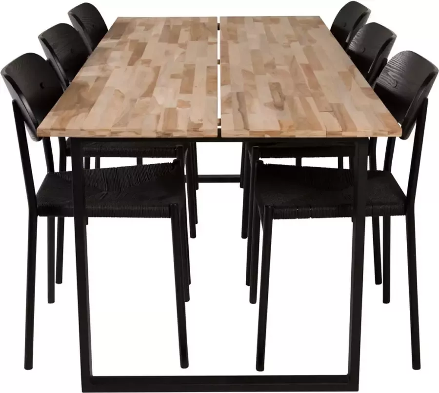 Hioshop CirebonBL eethoek eetkamertafel teakhout en 6 Polly eetkamerstal zwart.