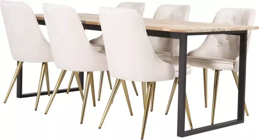 Hioshop CirebonBL eethoek eetkamertafel teakhout en 6 Velvet Deluxe eetkamerstal velours beige messing decor.