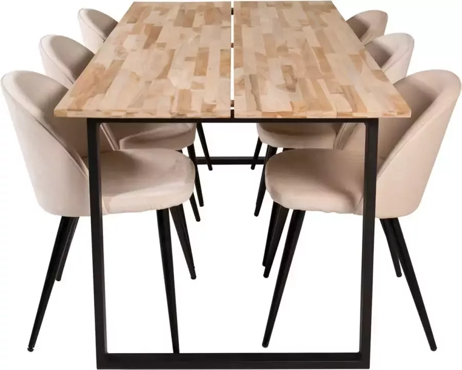 Hioshop CirebonBL eethoek eetkamertafel teakhout en 6 Velvet eetkamerstal velours beige zwart.