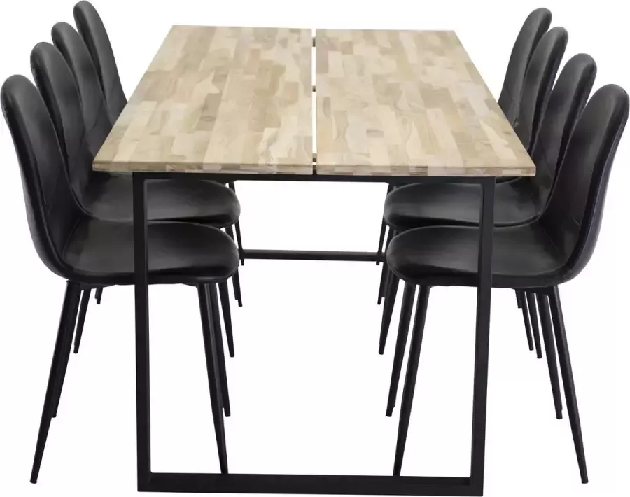 Hioshop CirebonBL eethoek eetkamertafel teakhout en 8 Polar eetkamerstal PU kunstleer zwart PU kunstleer.